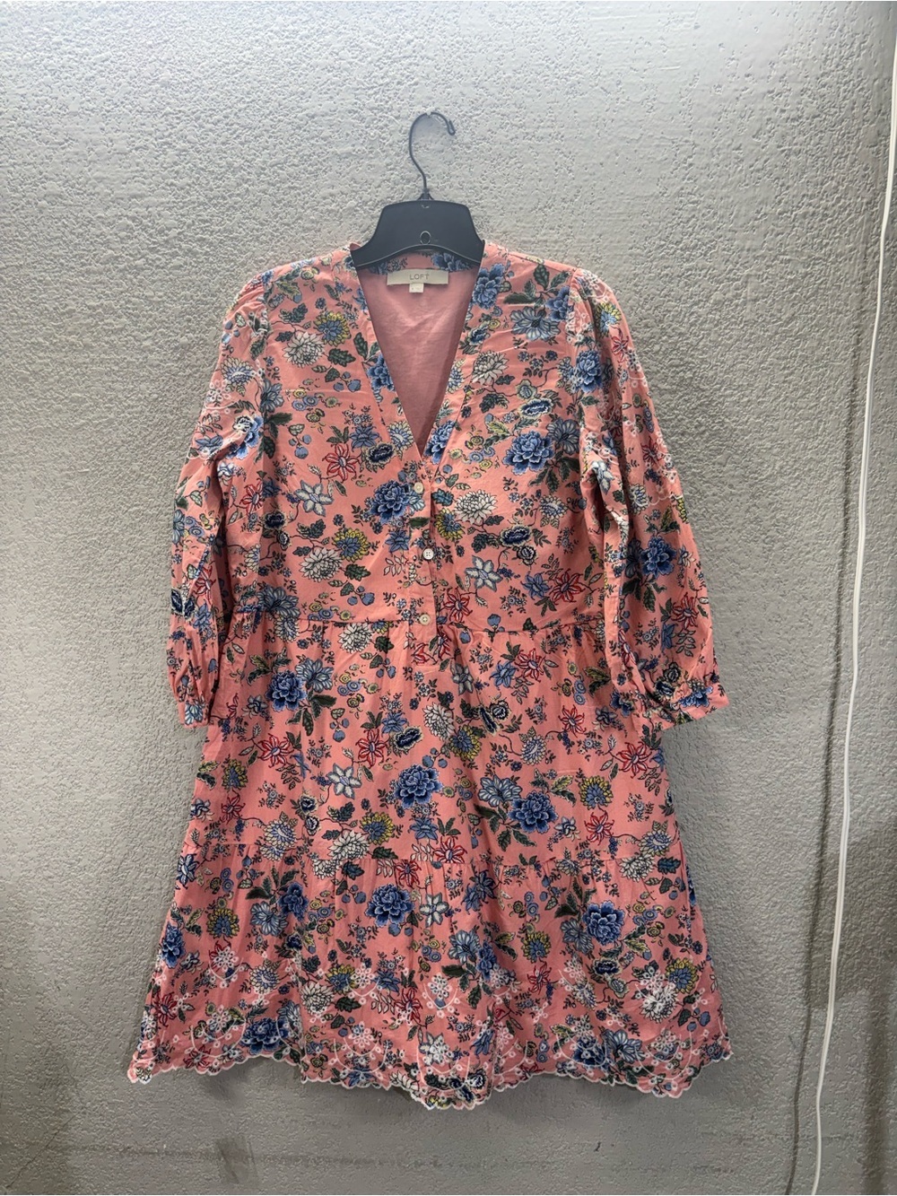 LOFT Pink Floral V-Neck Long Sleeve Dress